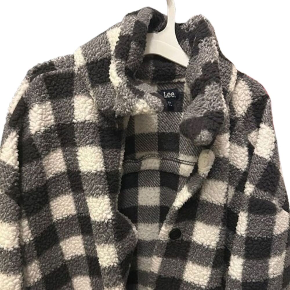 Lee Sherpa Buffalo Plaid Shacket Jacket Gray White Black 2X Plus Size